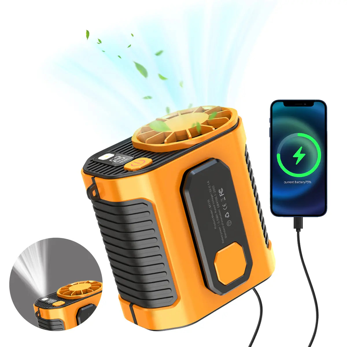 Portable Waist Clip Fan with LED Light - 5000 mAh Battery