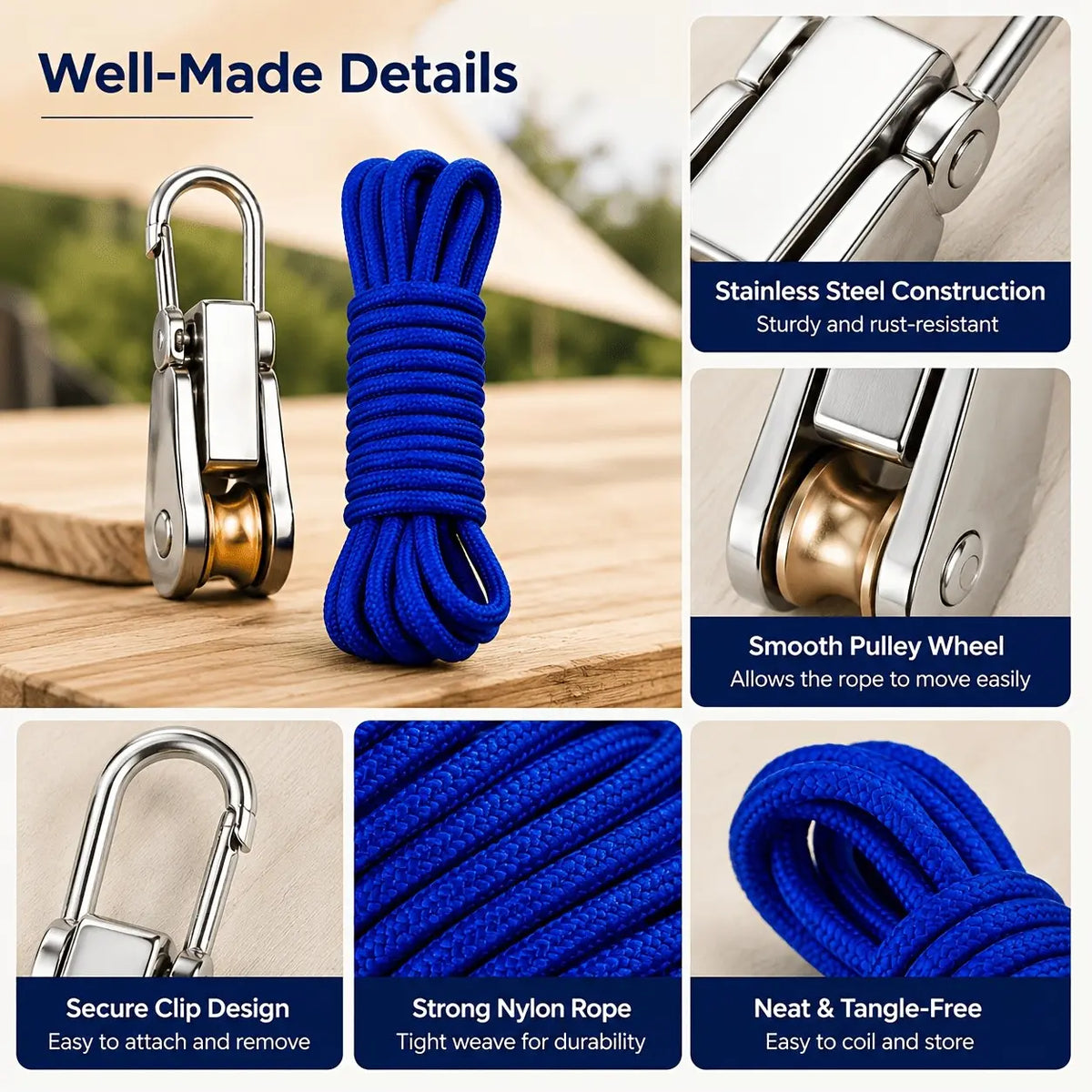 Stainless Steel Roperoller Pulley Tensioning Kit with Accessory Cord