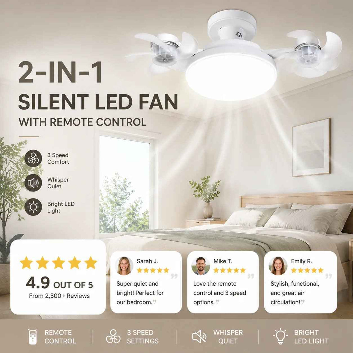 ✨ 2-in-1 LED Ceiling Fan with Remote – Quiet Cooling & Modern Lighting