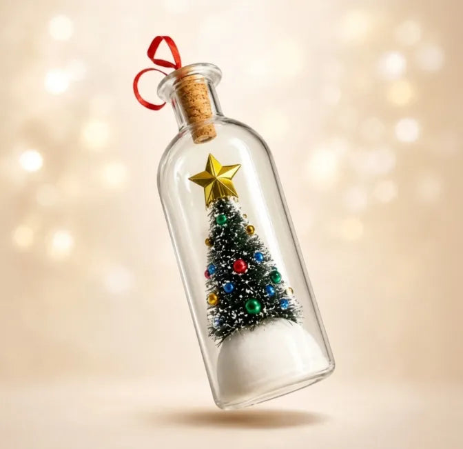 Recordable Christmas Message in a Bottle Ornament 8 Inch Voice Recording Holiday Keepsake with Playback Snowy Christmas Tree Scene Glass Bottle Decoration for Tree Home and Gift