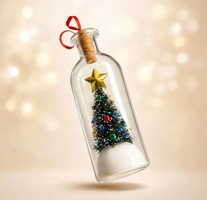 Recordable Christmas Message in a Bottle Ornament 8 Inch Voice Recording Holiday Keepsake with Playback Snowy Christmas Tree Scene Glass Bottle Decoration for Tree Home and Gift