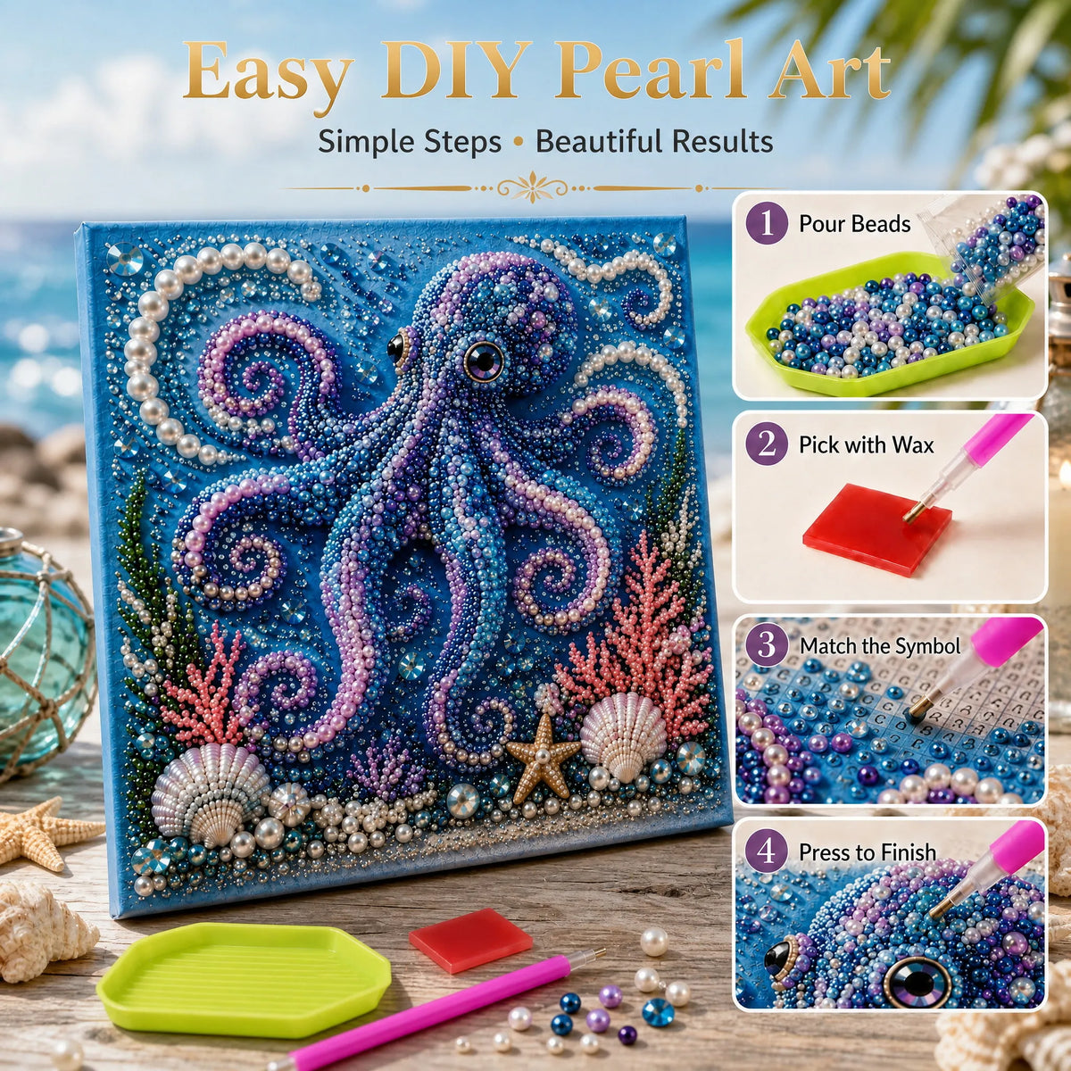 🌊🐚 Premium 3D Pearl Ocean Wall Art Kit | Luxury Flocked Canvas with Scratch-Resistant Non-Fading Pearl Beads DIY Coastal Decor – Buy 2 Free Shipping 📦✨