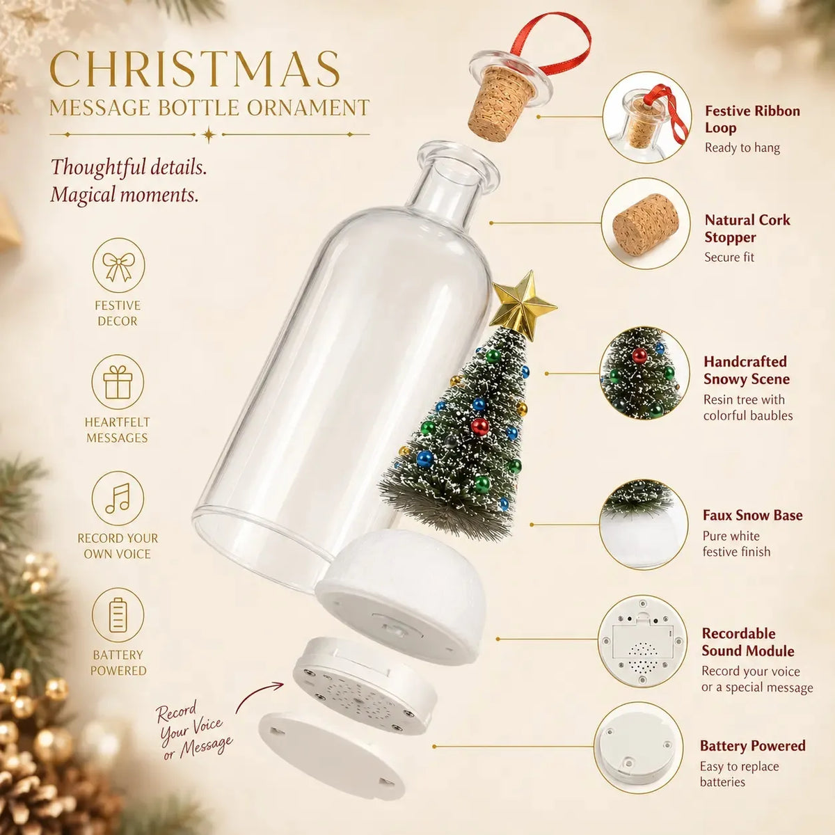 Recordable Christmas Message in a Bottle Ornament 8 Inch Voice Recording Holiday Keepsake with Playback Snowy Christmas Tree Scene Glass Bottle Decoration for Tree Home and Gift
