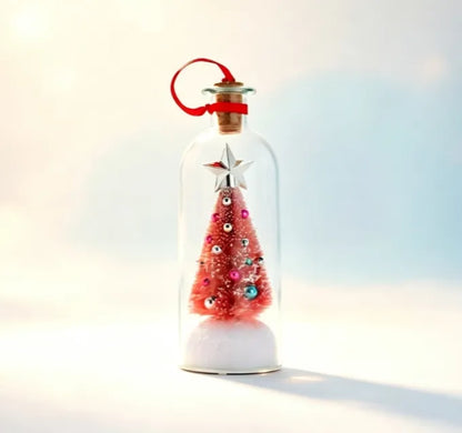 Recordable Christmas Message in a Bottle Ornament 8 Inch Voice Recording Holiday Keepsake with Playback Snowy Christmas Tree Scene Glass Bottle Decoration for Tree Home and Gift