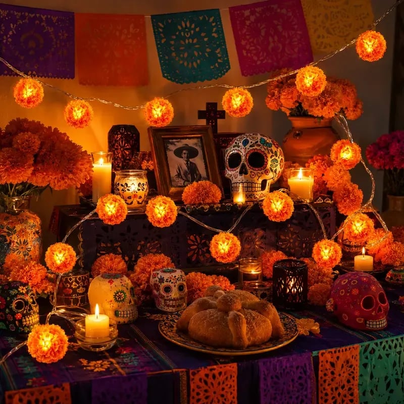 💀 Mexican Marigold Flower String Lights | 💕Death is not the end of life, forgetting is