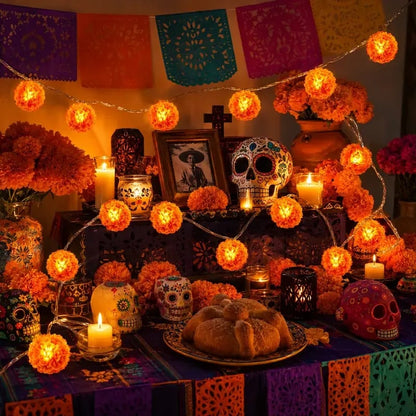 💀 Mexican Marigold Flower String Lights | 💕Death is not the end of life, forgetting is