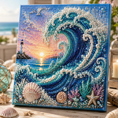🌊🐚 Premium 3D Pearl Ocean Wall Art Kit | Luxury Flocked Canvas with Scratch-Resistant Non-Fading Pearl Beads DIY Coastal Decor – Buy 2 Free Shipping 📦✨