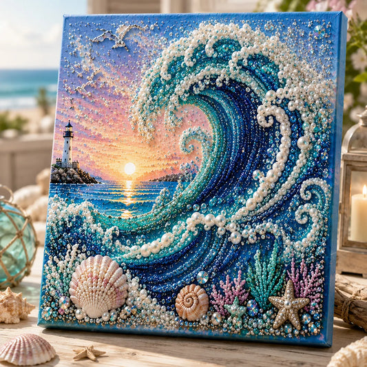 🌊🐚 Premium 3D Pearl Ocean Wall Art Kit | Luxury Flocked Canvas with Scratch-Resistant Non-Fading Pearl Beads DIY Coastal Decor – Buy 2 Free Shipping 📦✨