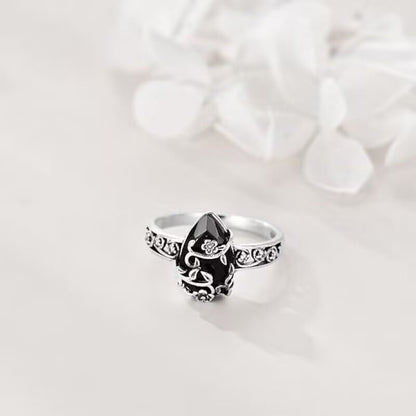🖤 Vintage Vine Flower Obsidian Ring