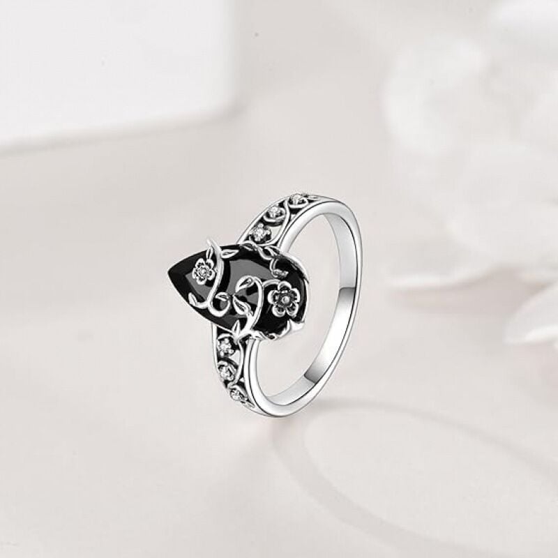 🖤 Vintage Vine Flower Obsidian Ring