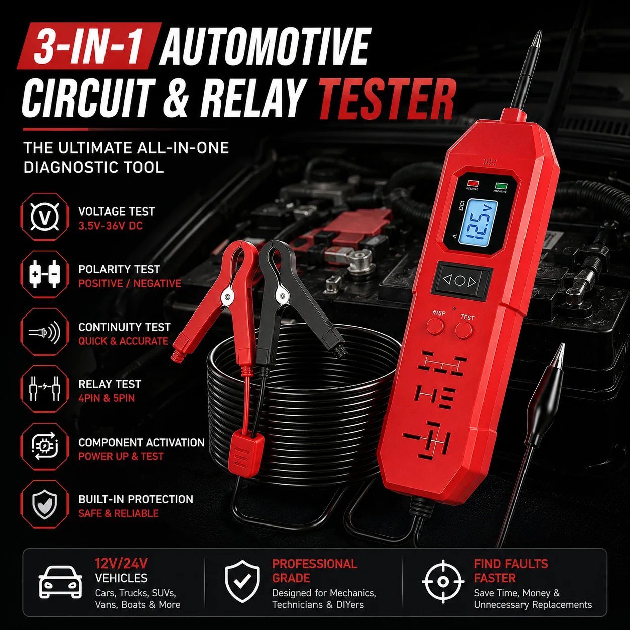 3-in-1 Automotive Power Circuit Probe & Relay Tester – 12V/24V Electrical Diagnostic Tool