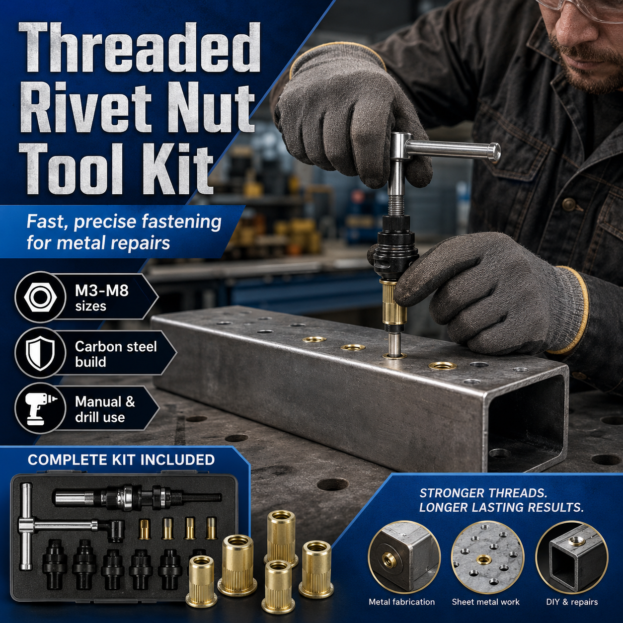 🔥 Carbon steel rivet nut set (including M3–M8 sizes)