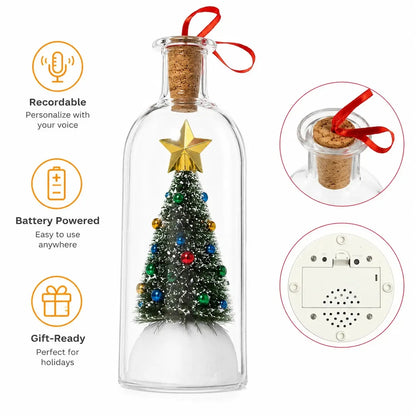Recordable Christmas Message in a Bottle Ornament 8 Inch Voice Recording Holiday Keepsake with Playback Snowy Christmas Tree Scene Glass Bottle Decoration for Tree Home and Gift