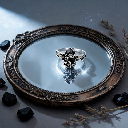 🖤 Vintage Vine Flower Obsidian Ring