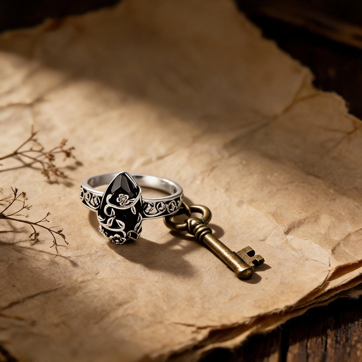 🖤 Vintage Vine Flower Obsidian Ring