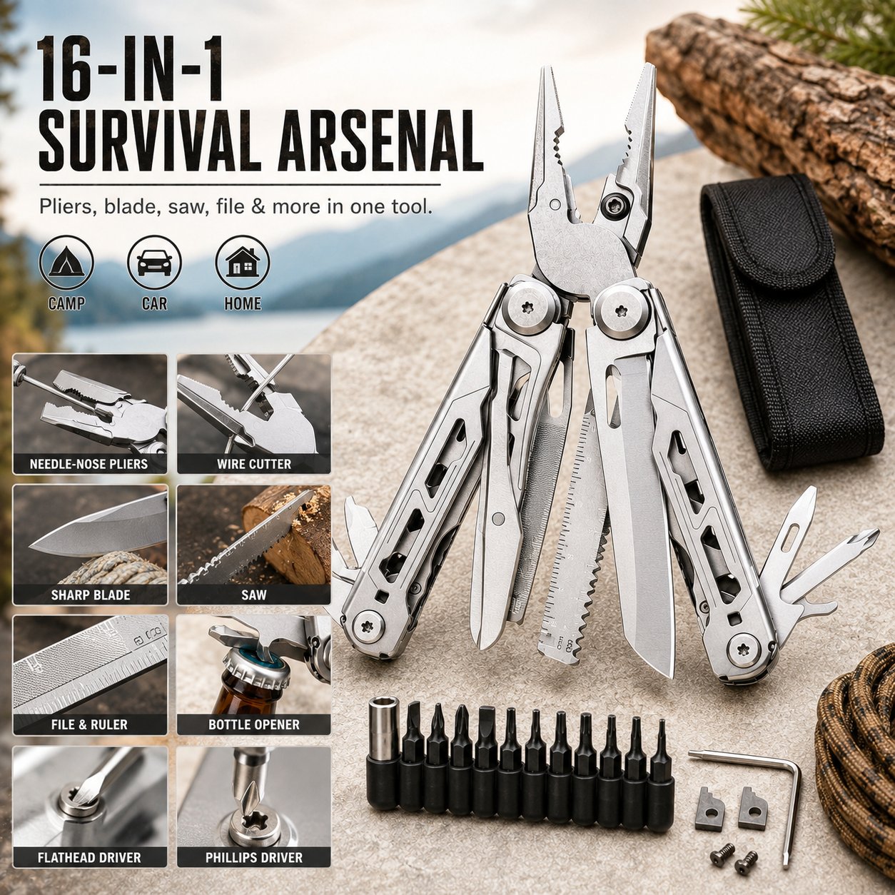🏕️16‐in‐1 Multi‐Tool Pliers with Full‐Size Folding Scissors