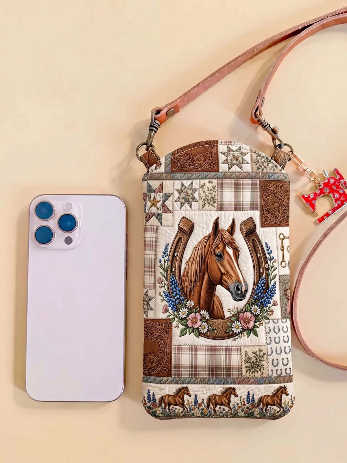Horseshoe And Floral Wreath Quilted Slim Phone Crossbody Bag